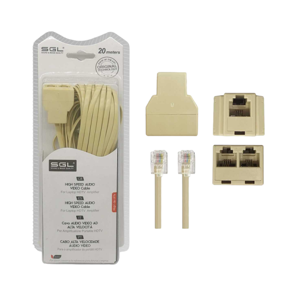 Phone line cable with branch - 6p4c1-2 - 20m - 097107